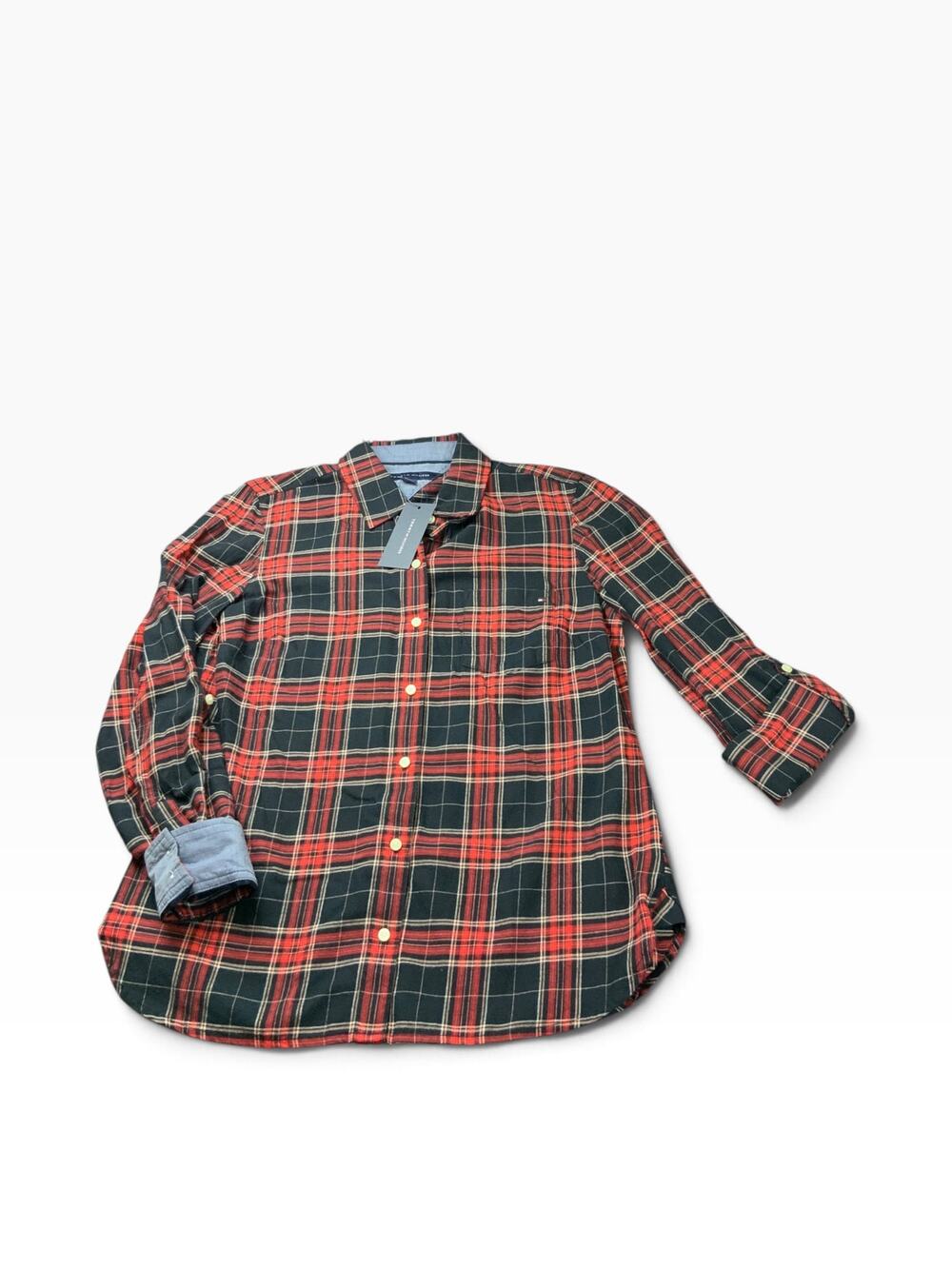NWT Tommy Hilfiger Womens S Plaid Button Shirt Red Black Tartan Roll Tab Cotton